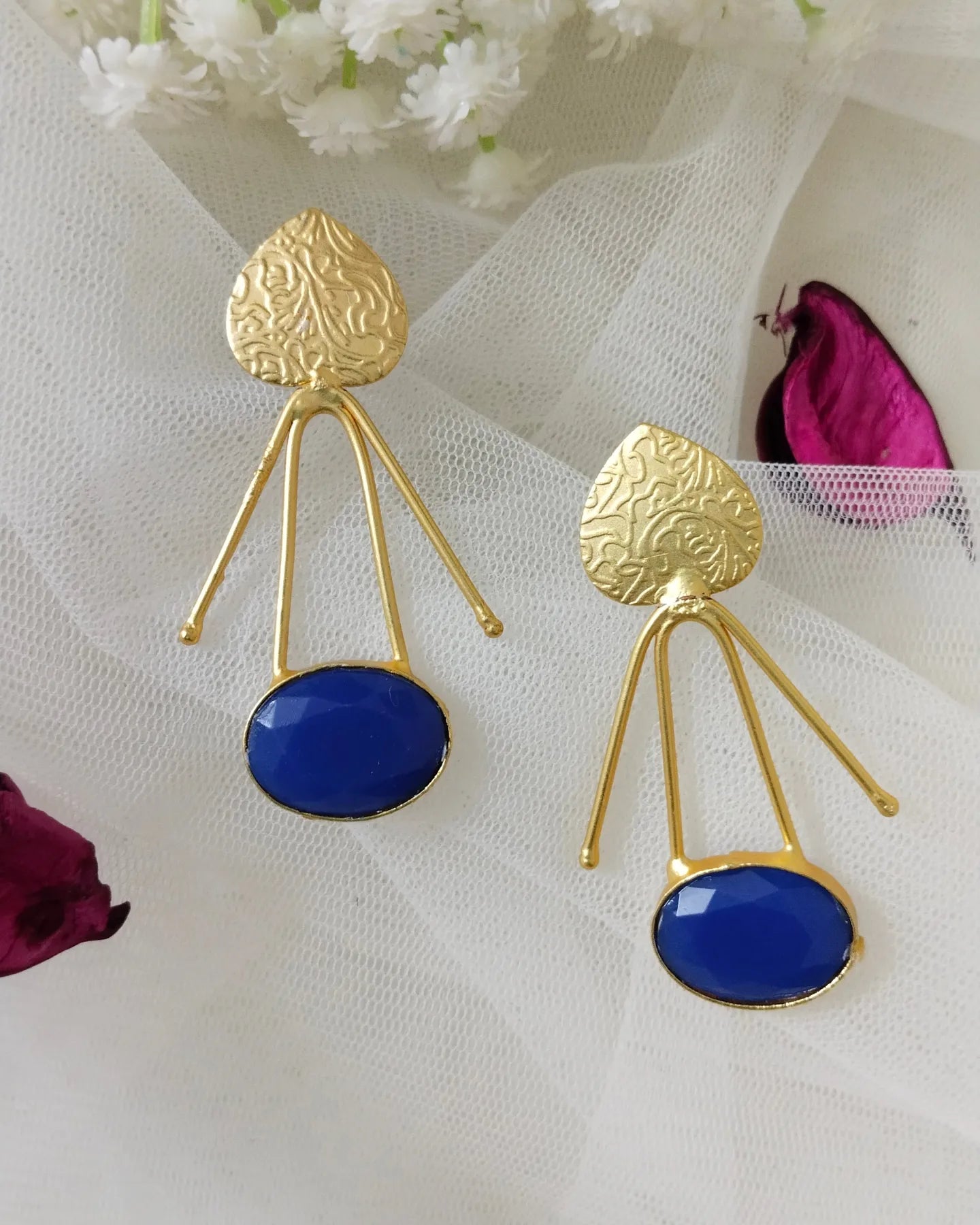 Unique shaped Blue stone Brass earrings