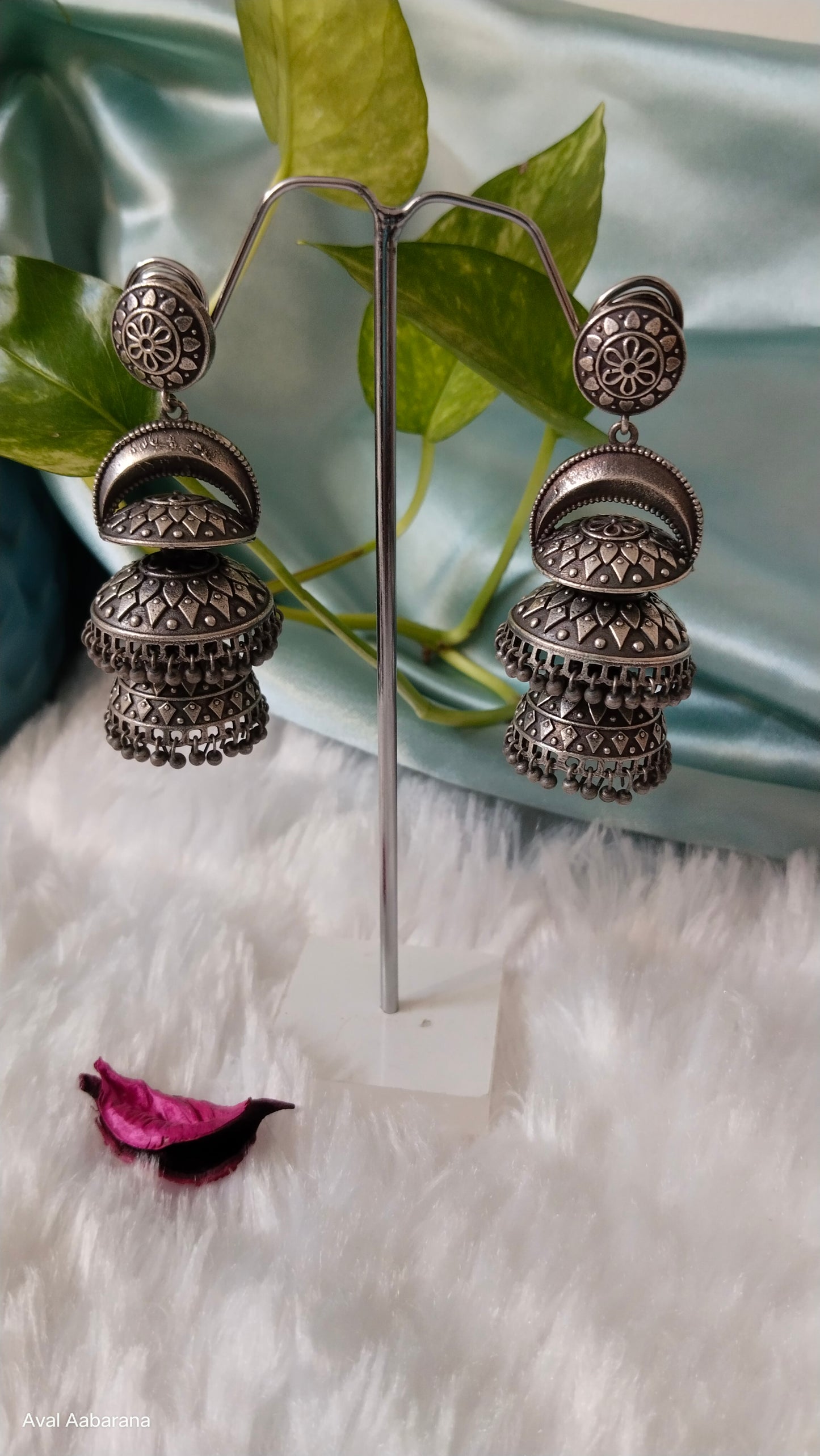 3 layered silver replica Jhumka earring