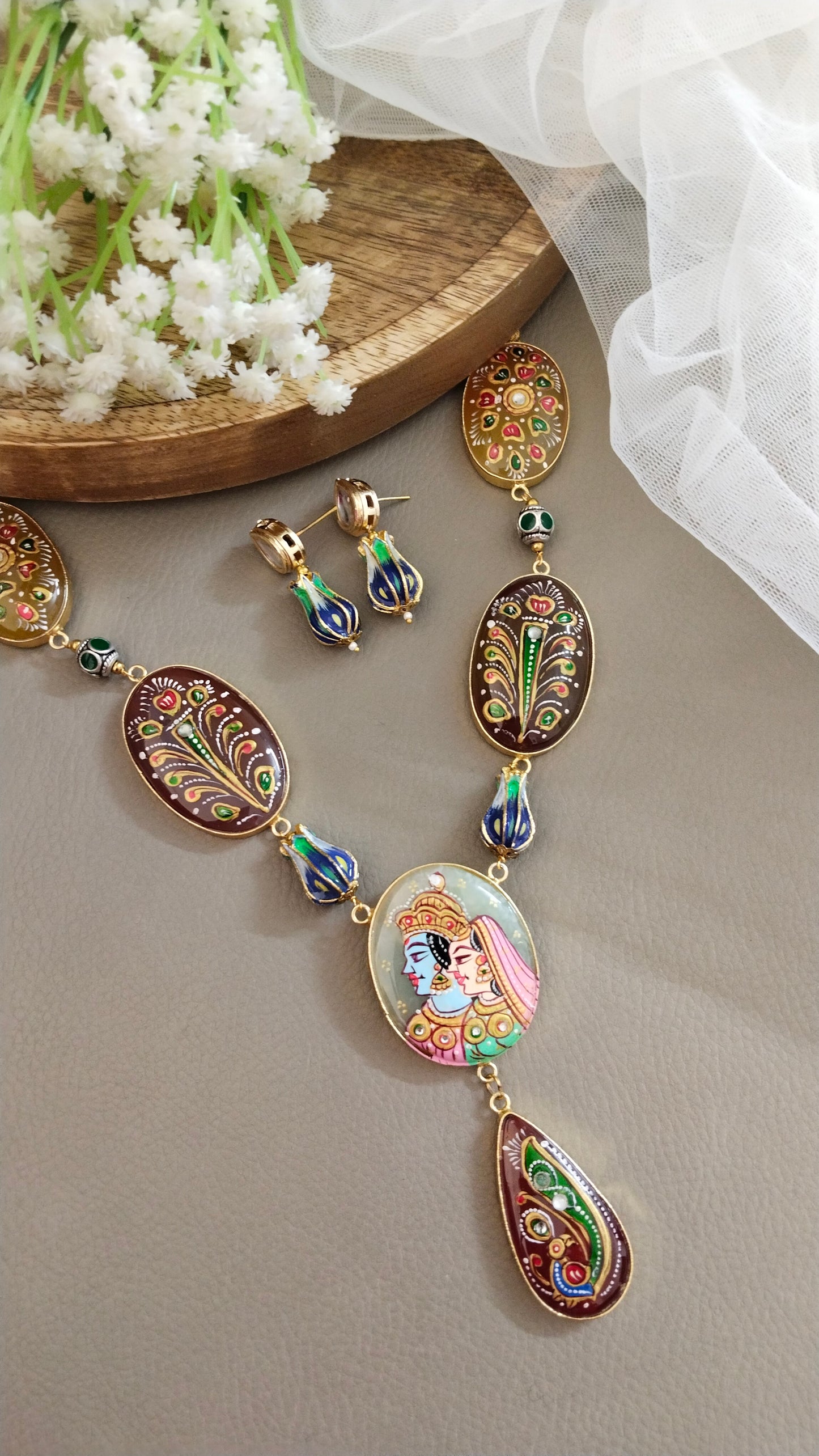 Hand painted Meenakari Raja Rani Har/Haram necklace set