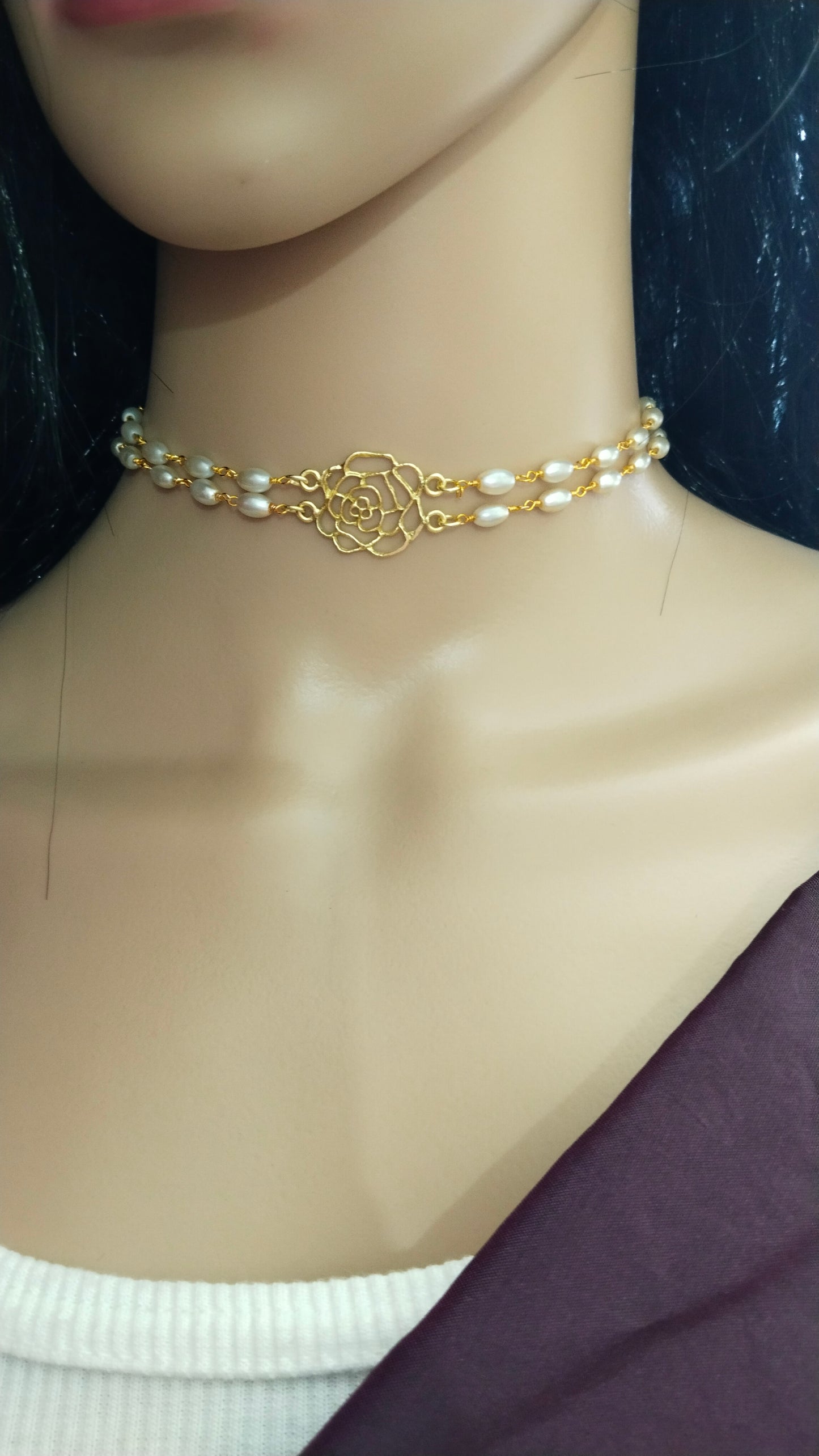 Flower pearl choker with earring