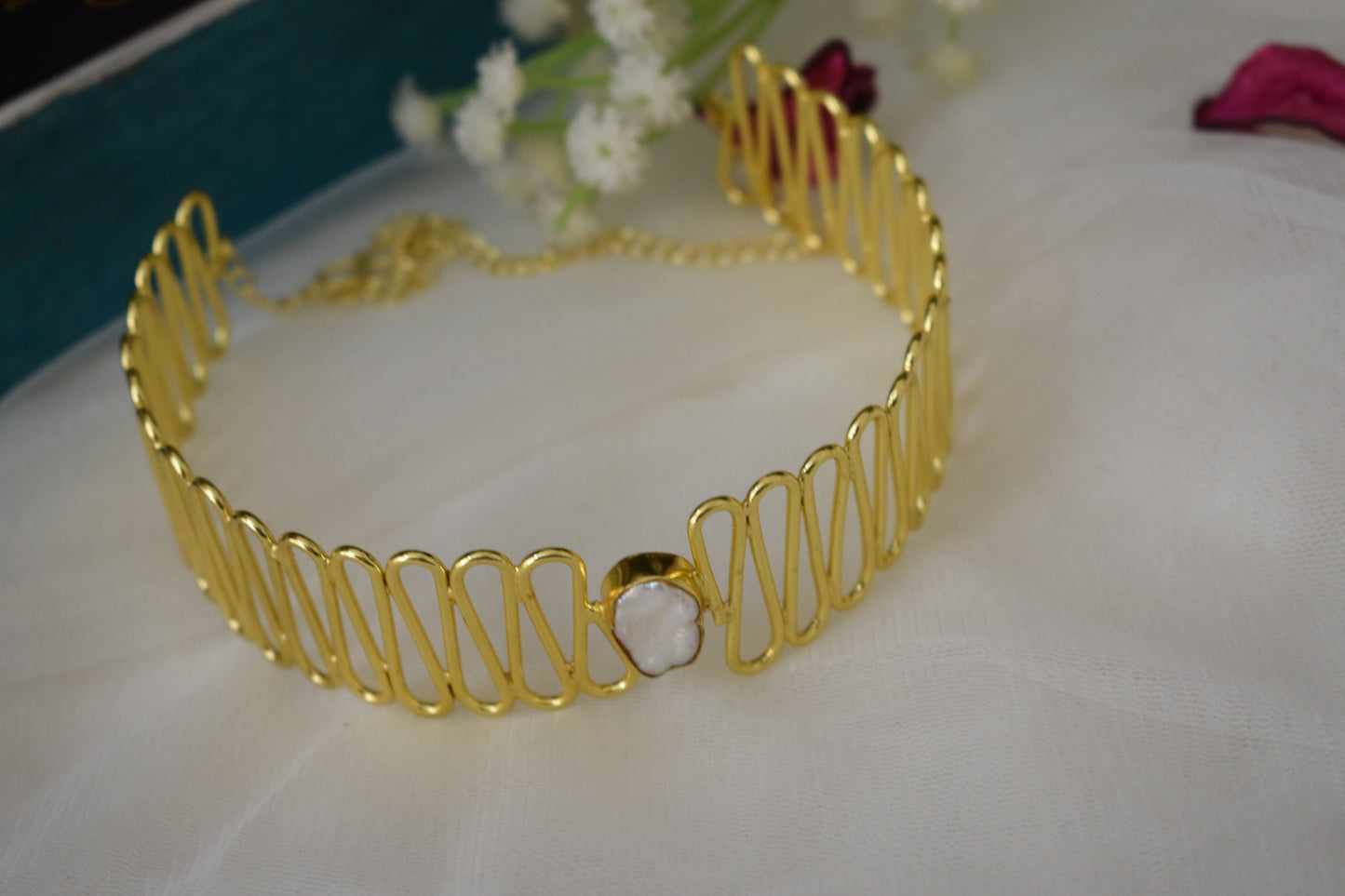 combo-Brass statement choker with Baroque Pearl,earring, Hand cuff & a Finger Ring