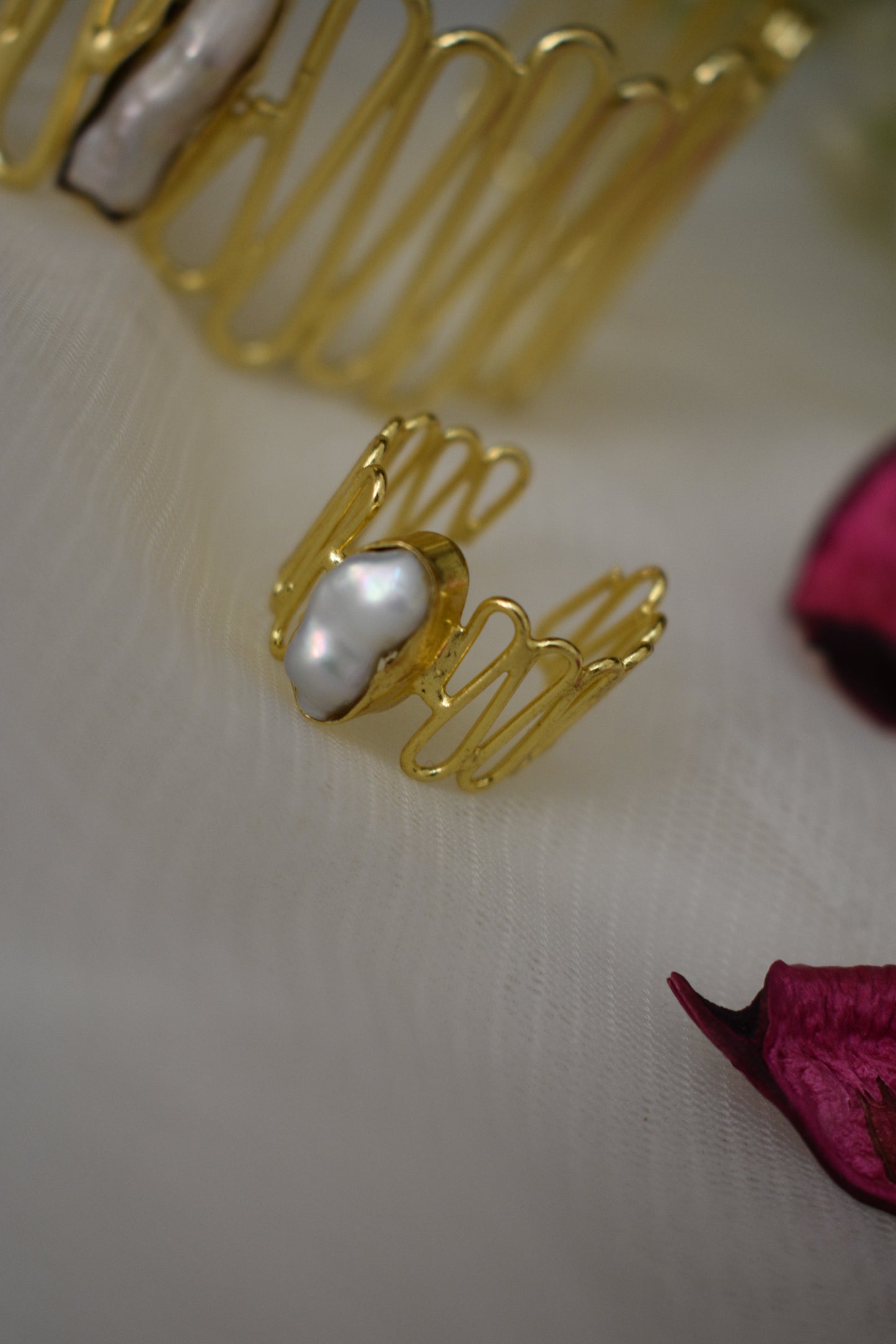 combo-Brass statement choker with Baroque Pearl,earring, Hand cuff & a Finger Ring