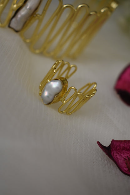 combo-Brass statement choker with Baroque Pearl,earring, Hand cuff & a Finger Ring