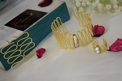 combo-Brass statement choker with Baroque Pearl,earring, Hand cuff & a Finger Ring