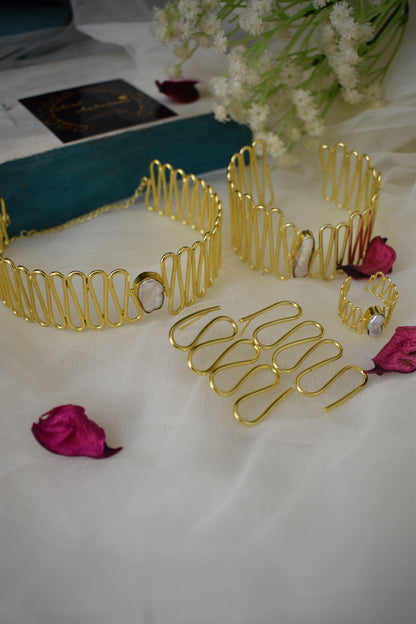 combo-Brass statement choker with Baroque Pearl,earring, Hand cuff & a Finger Ring