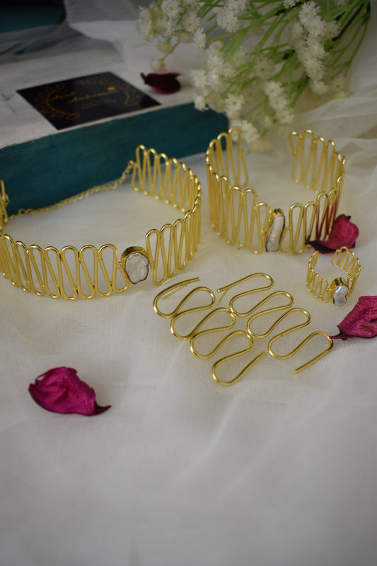 combo-Brass statement choker with Baroque Pearl,earring, Hand cuff & a Finger Ring