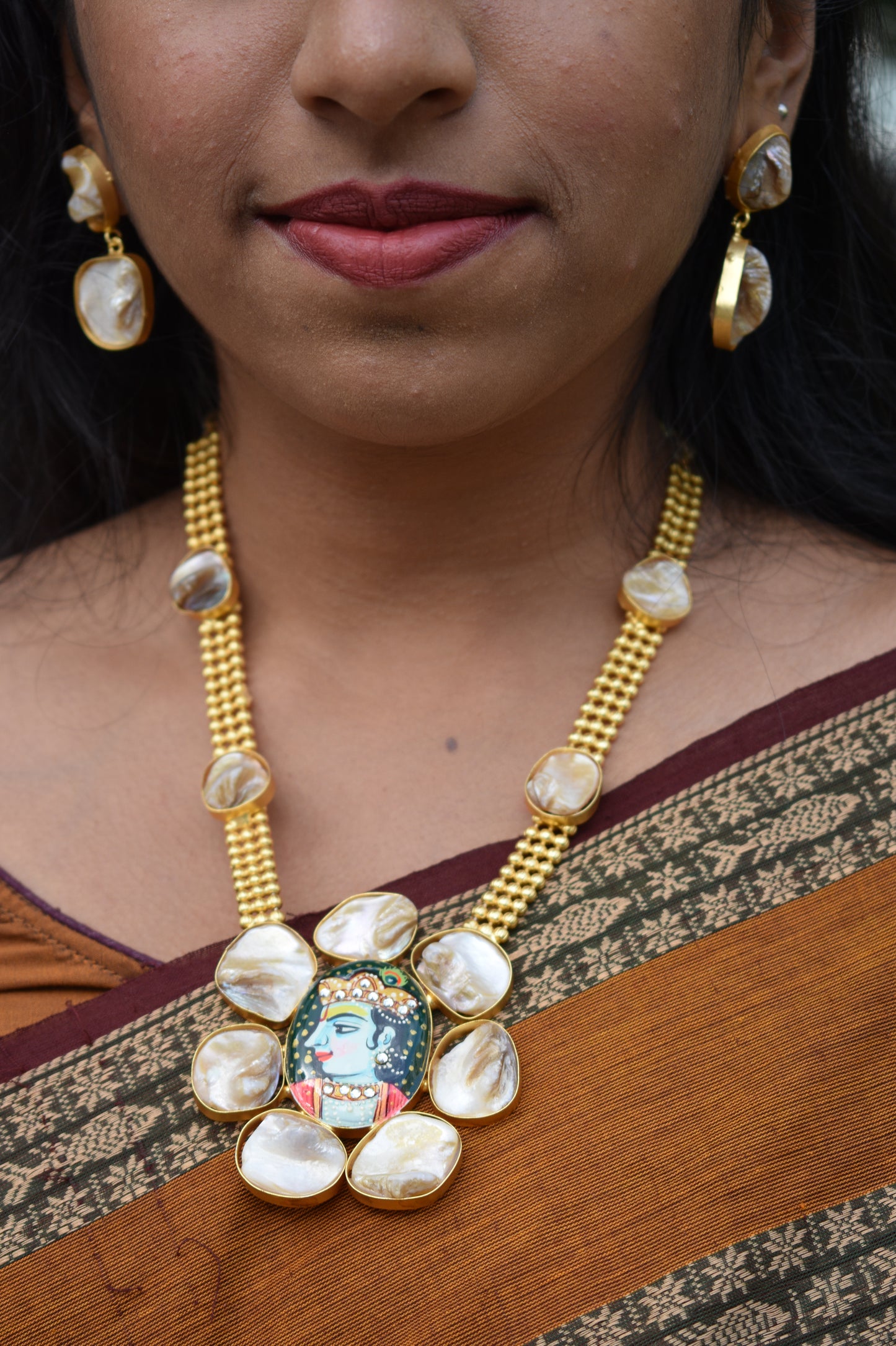 krishna Meenakari Handpainted   mother of pearl long Har necklace with earrings