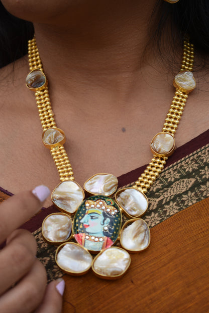 krishna Meenakari Handpainted   mother of pearl long Har necklace with earrings