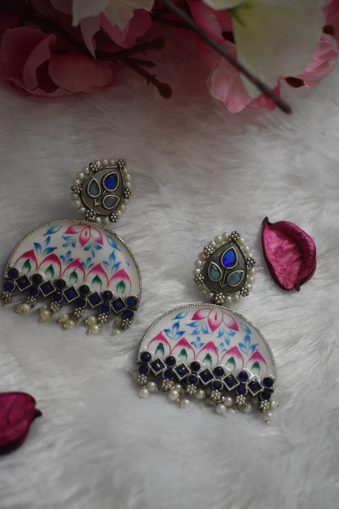 Hand painted meenakari Silver Replica Earring