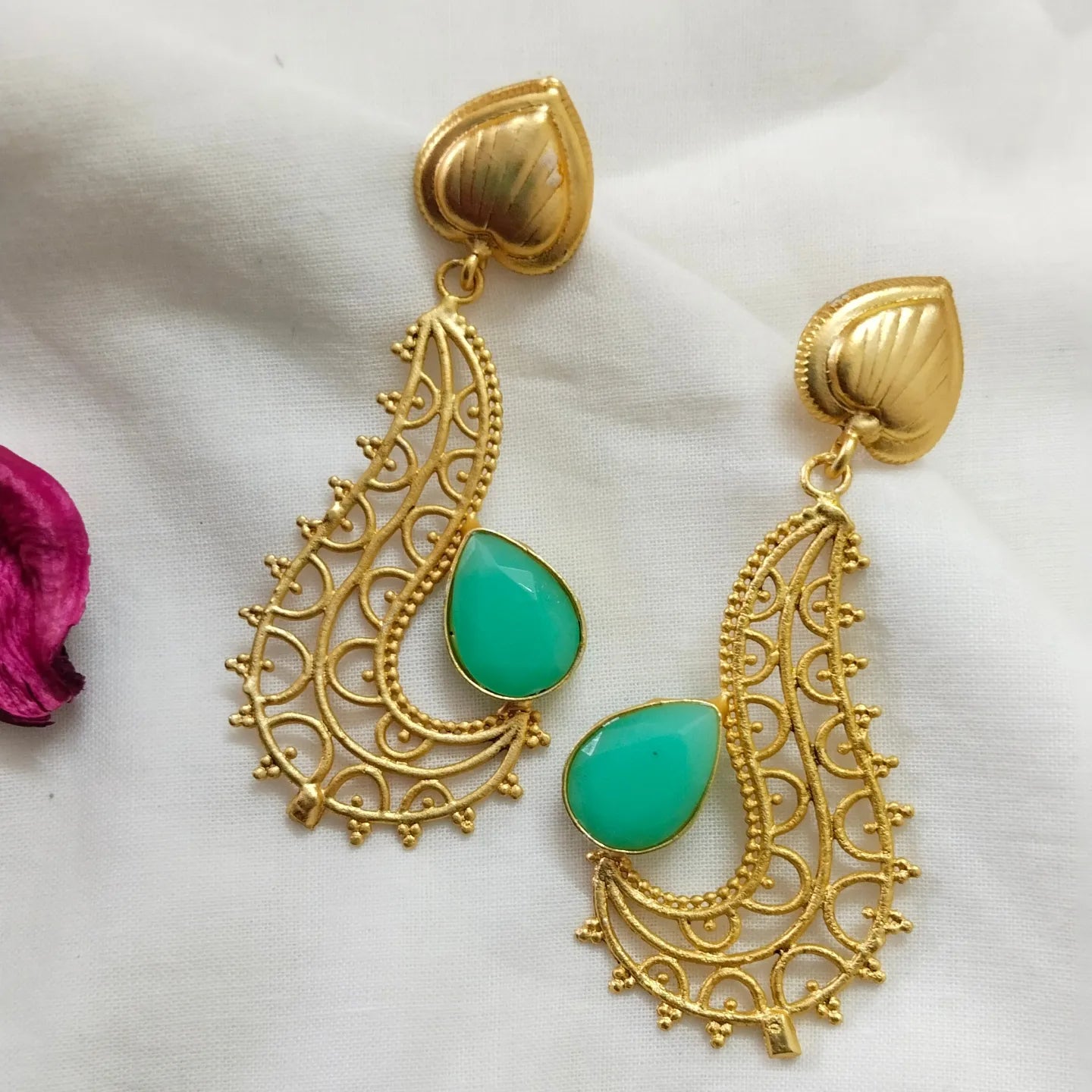 Brass unique shaped turquoise & pink earrings
