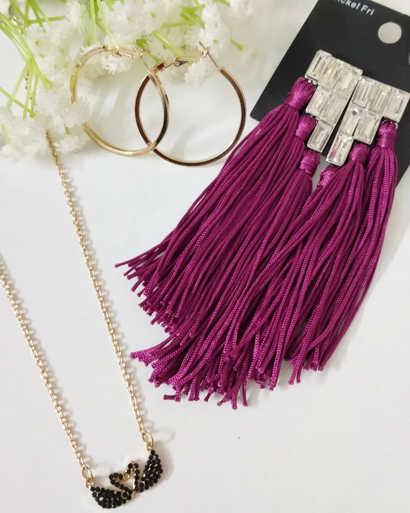 3 piece Combo - tassel Earring, hoop ring, black swan chain
