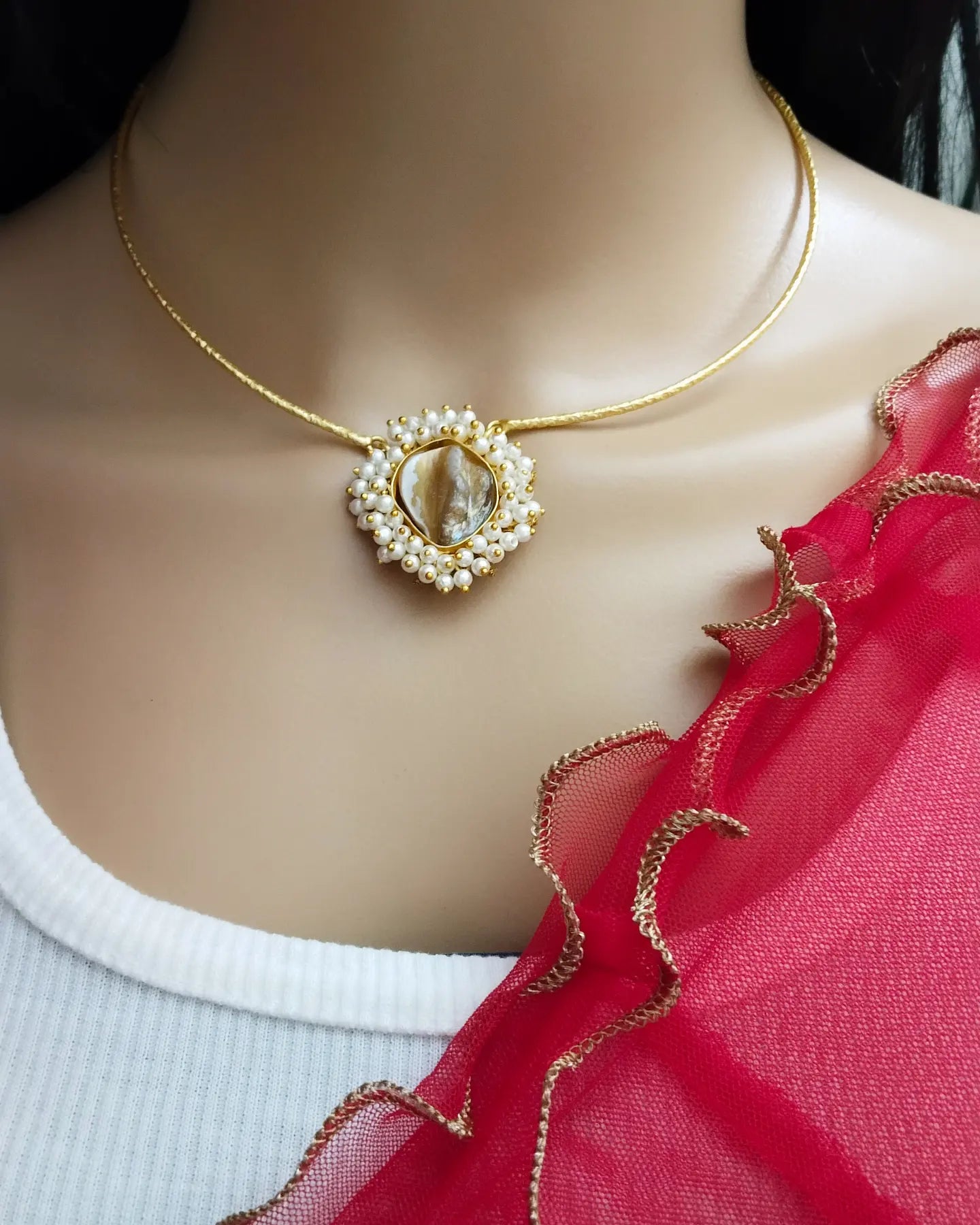 3 piece combo -Unique Mother of pearl choker  include necklace, earring with a finger  Ring