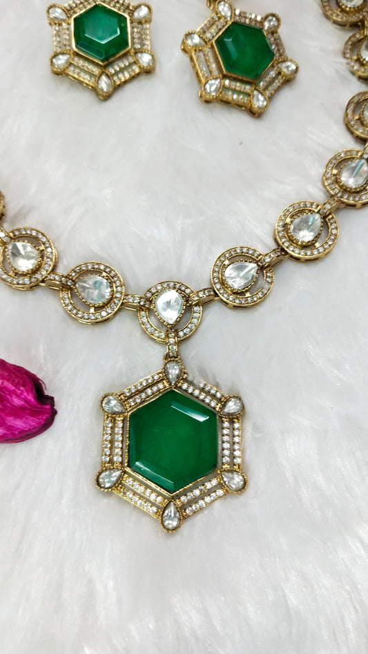 Premium Doublet polki Dimond emerald green necklace set