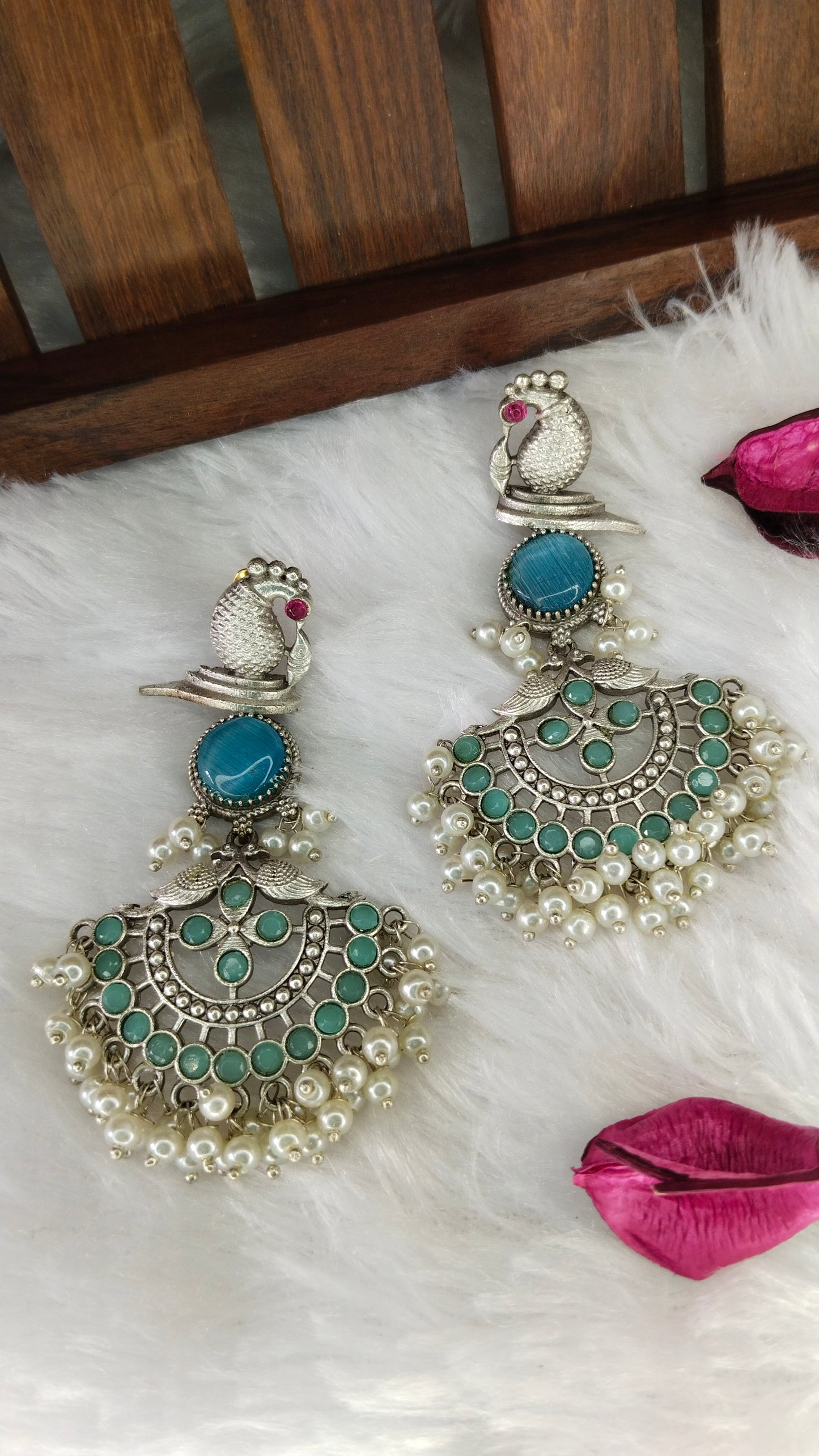 Beautiful Silver Replica peacock blue & magenta earrings