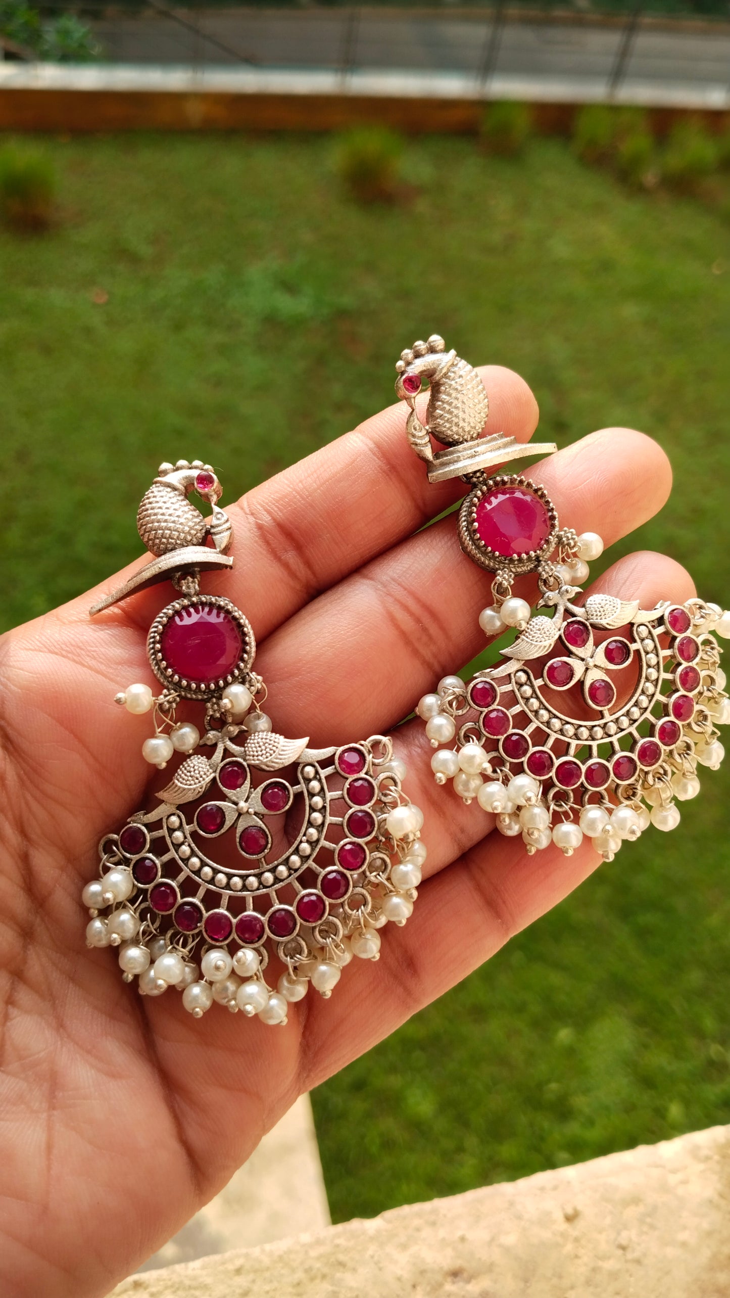 Beautiful Silver Replica peacock blue & magenta earrings