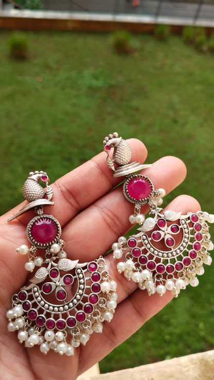 Beautiful Silver Replica peacock blue & magenta earrings