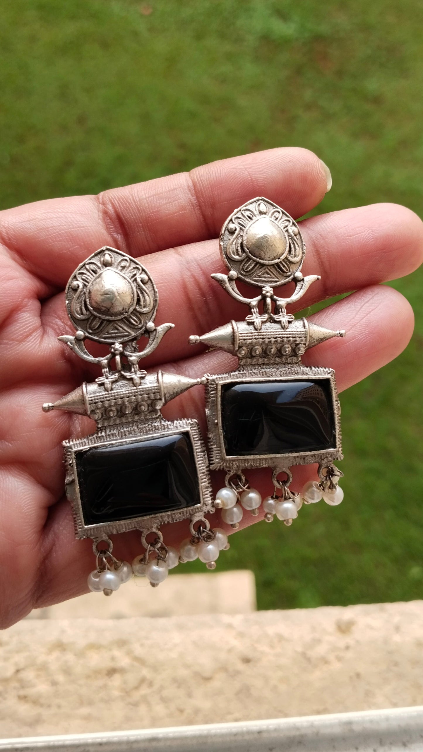 Silver Replica rectangle shaped  monalisa stone earring in pink ,sky blue & Black