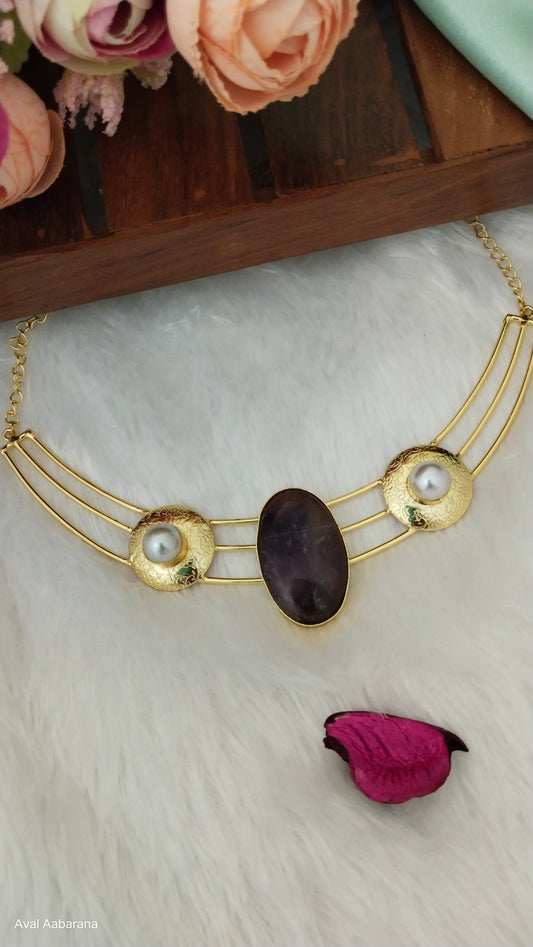 Brass  3 layer Hasli choker with Raw stone