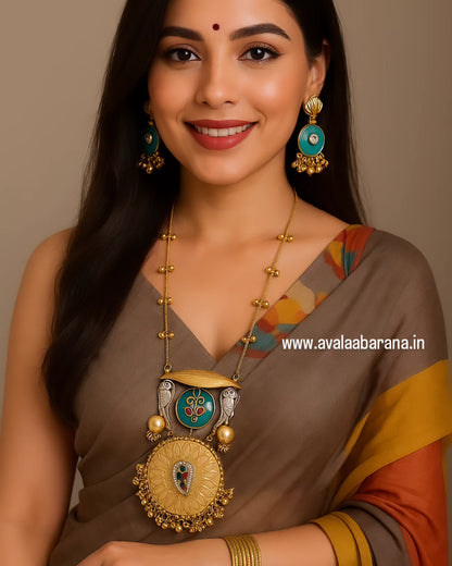 Exclusive monalisa stone, peacock motif Brass long Har/ Chain