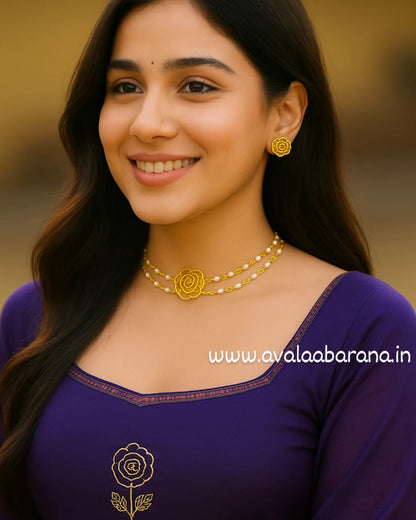 Flower pearl choker with earring