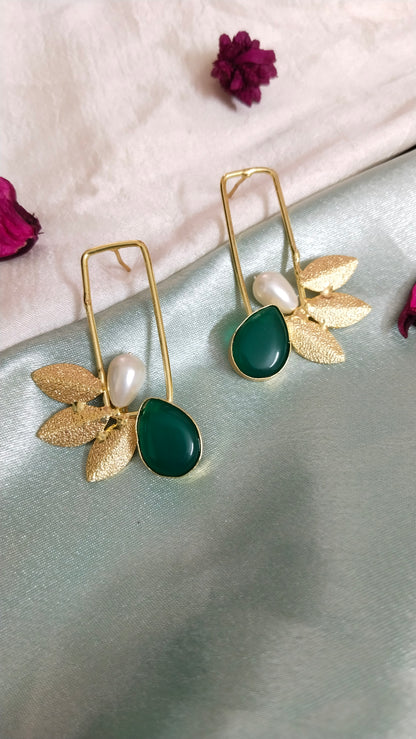 Brass leaf with monalisa stone  Rectangle shaped Earring(Red & Green)