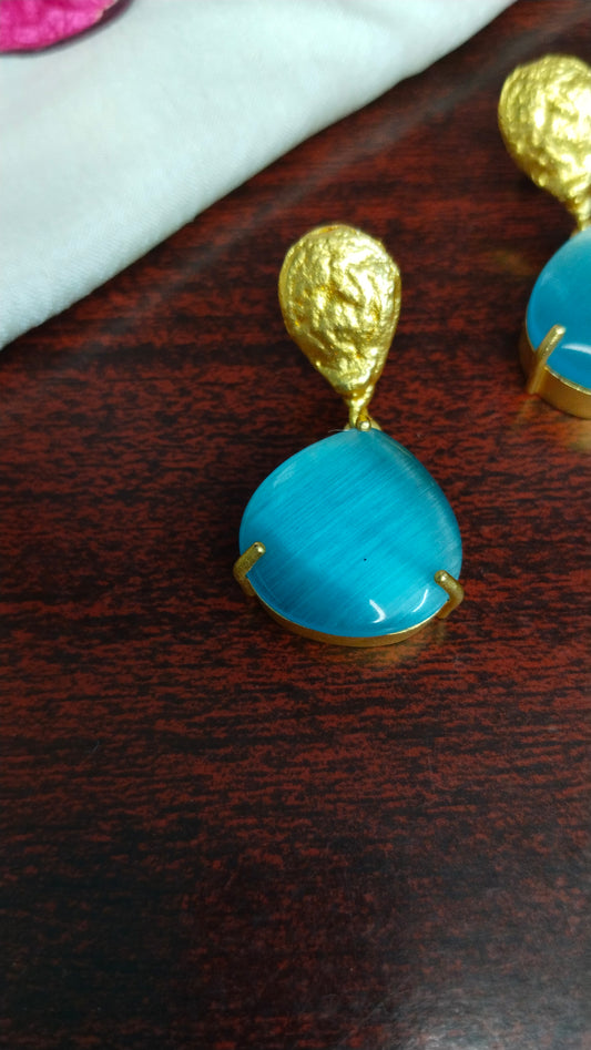 Sky blue monalisa stone with hammered drop top Brass  earrings