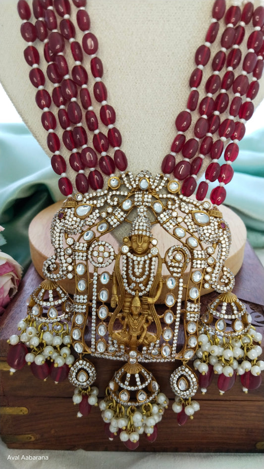 Premium doublet stone with hydro bead venkateshwara Haram with elephant designed jhumka earring,aval aabarana ,best fashion jewellery brand, brass earrings