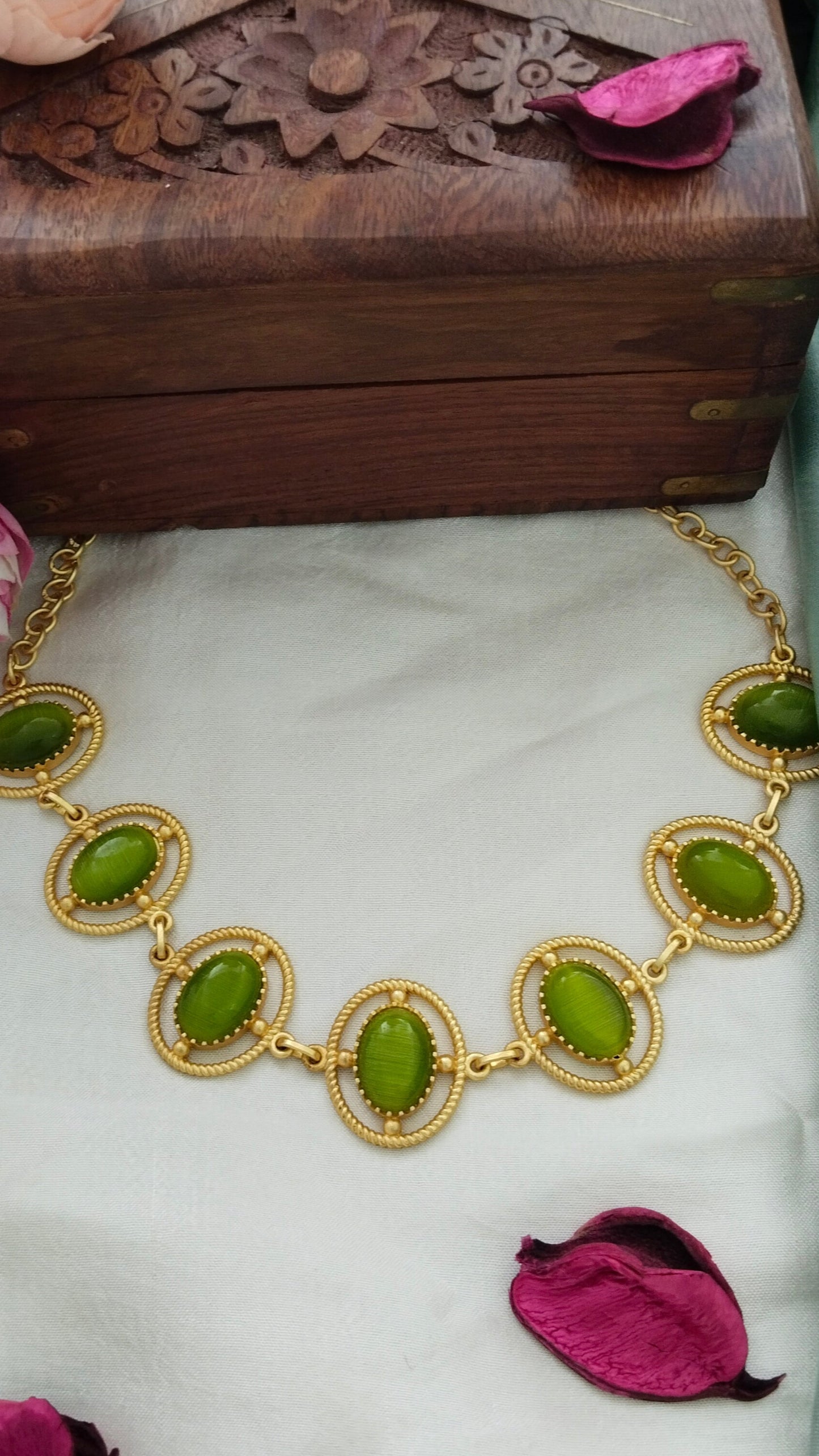 fluorescent green monalisa stone Necklace/choker, aval aabarana ,best fashion jewellery brand, brass earrings