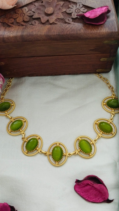 fluorescent green monalisa stone Necklace/choker, aval aabarana ,best fashion jewellery brand, brass earrings