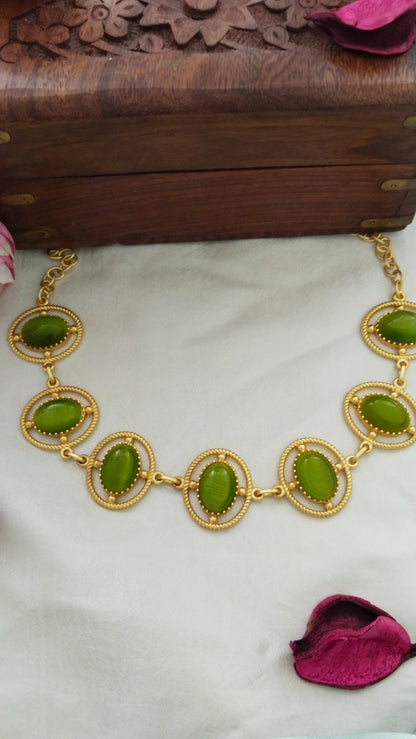 fluorescent green monalisa stone Necklace/choker, aval aabarana ,best fashion jewellery brand, brass earrings