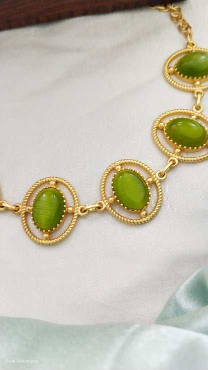 fluorescent green monalisa stone Necklace/choker, aval aabarana ,best fashion jewellery brand, brass earrings