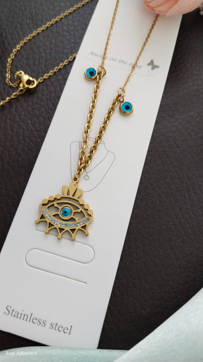 aval aabarana ,best fashion jewellery brand, brass earrings, staineless steel anti tarnish evil eye pendant chain
