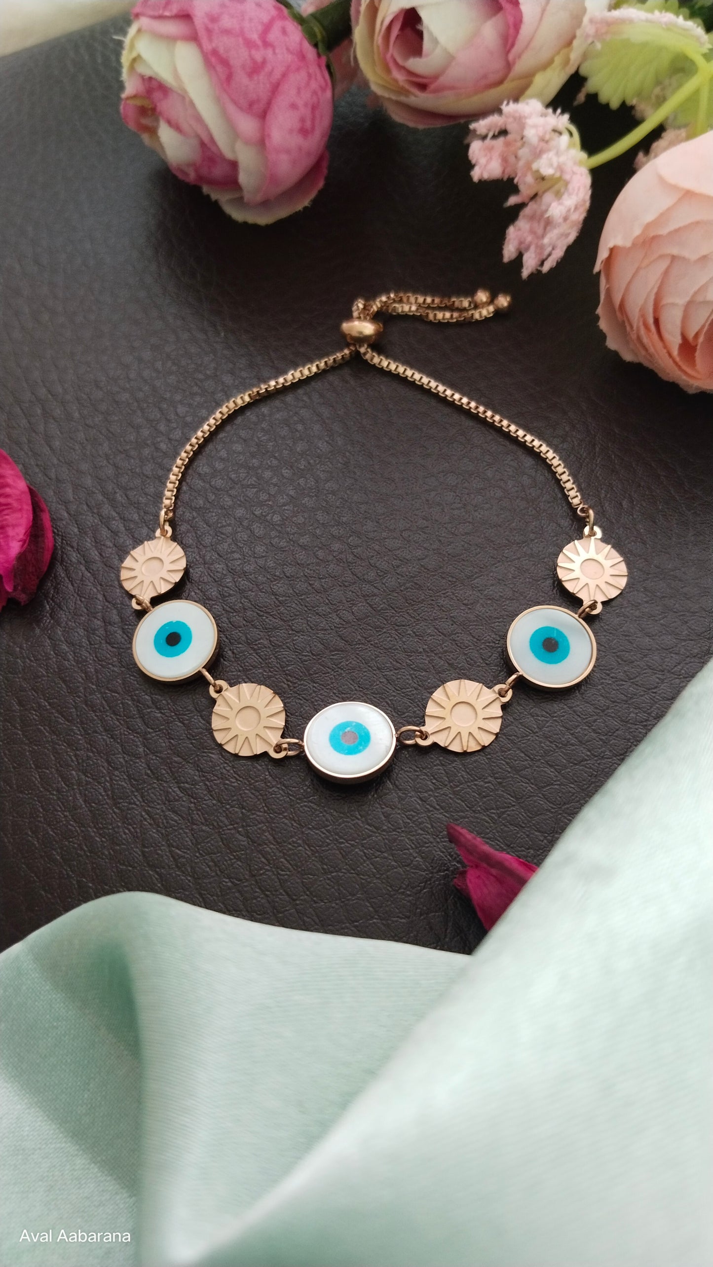 Anti tarnish Stainless Steel Evil eye adjustable Bracelet, aval aabarana ,best fashion jewellery brand, brass earrings