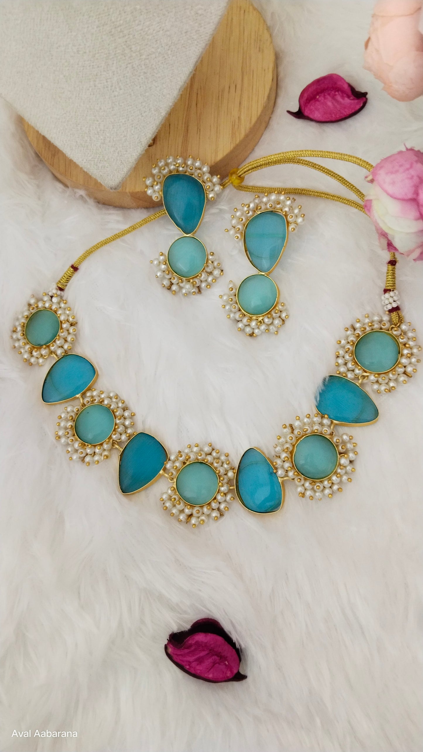 Teal blue monalisa Stone Brass necklace set adorned with pearl,aval aabarana ,best fashion jewellery brand, brass earrings