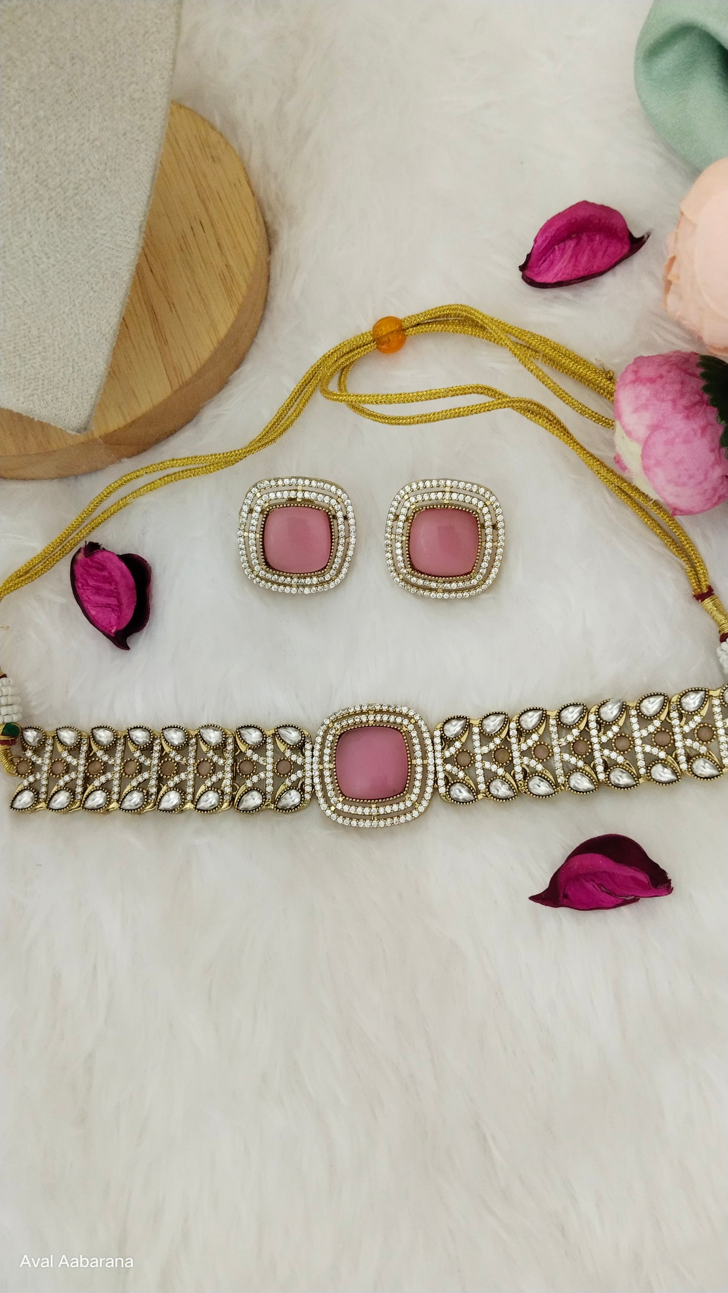 premium Polki Kundan Pink square choker necklace with earring, aval aabarana ,best fashion jewellery brand, brass earrings