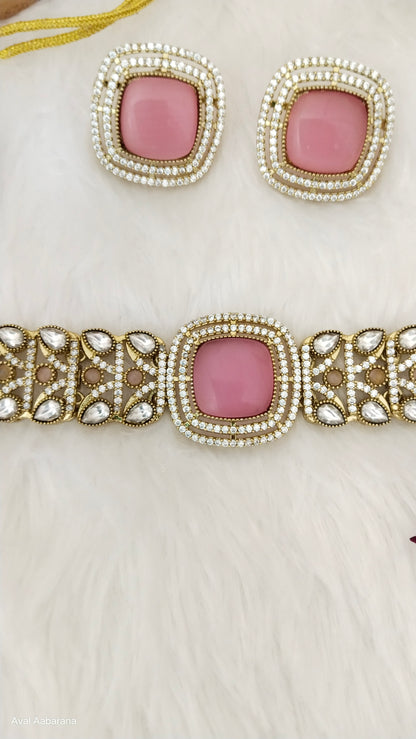 premium Polki Kundan Pink square choker necklace with earring, aval aabarana ,best fashion jewellery brand, brass earrings