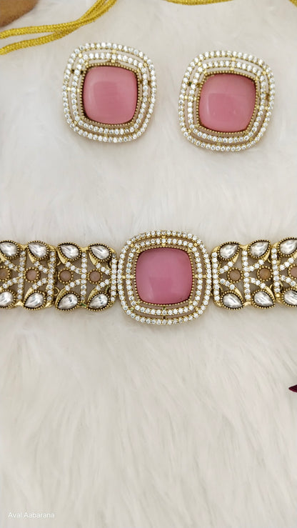 premium Polki Kundan Pink square choker necklace with earring