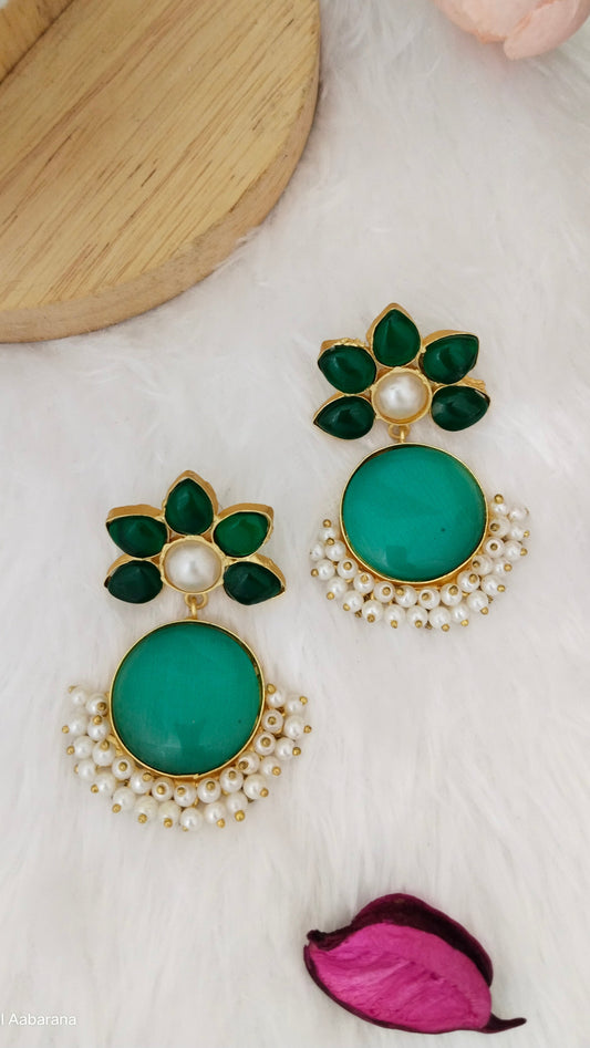 Turquoise blue with  green Flower Brass earring,aval aabarana ,best fashion jewellery brand, brass earrings