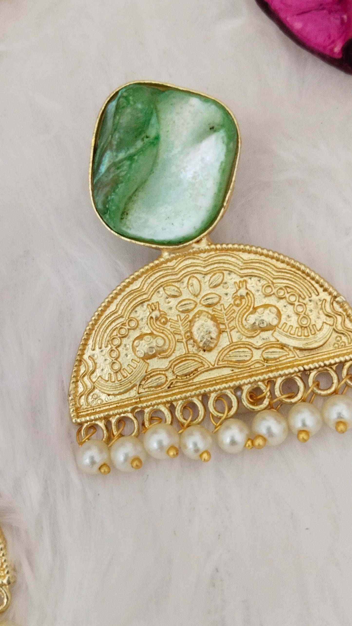 Green mother of pearl earring with pearl adorned,aval aabarana ,best fashion jewellery brand, brass earrings