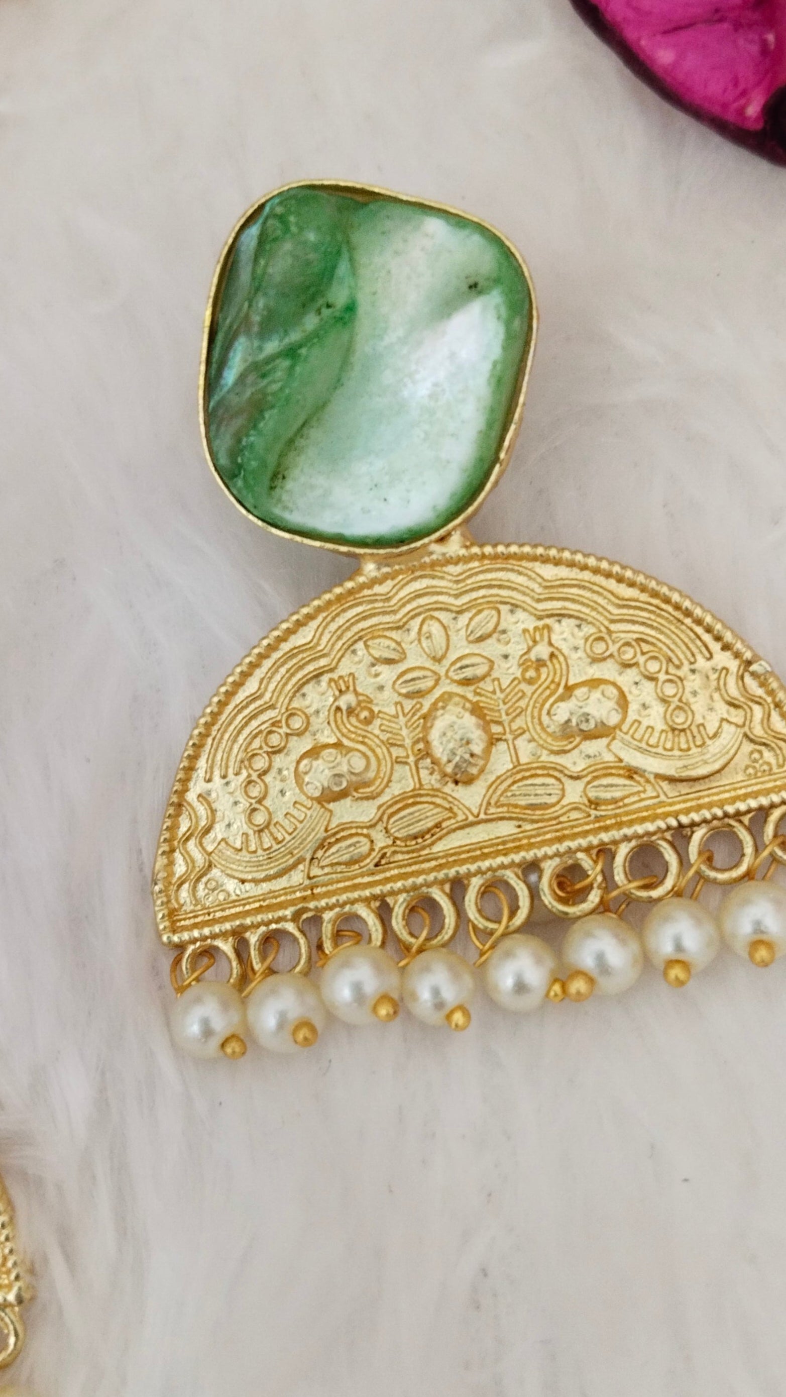 Green mother of pearl earring with pearl adorned,aval aabarana ,best fashion jewellery brand, brass earrings