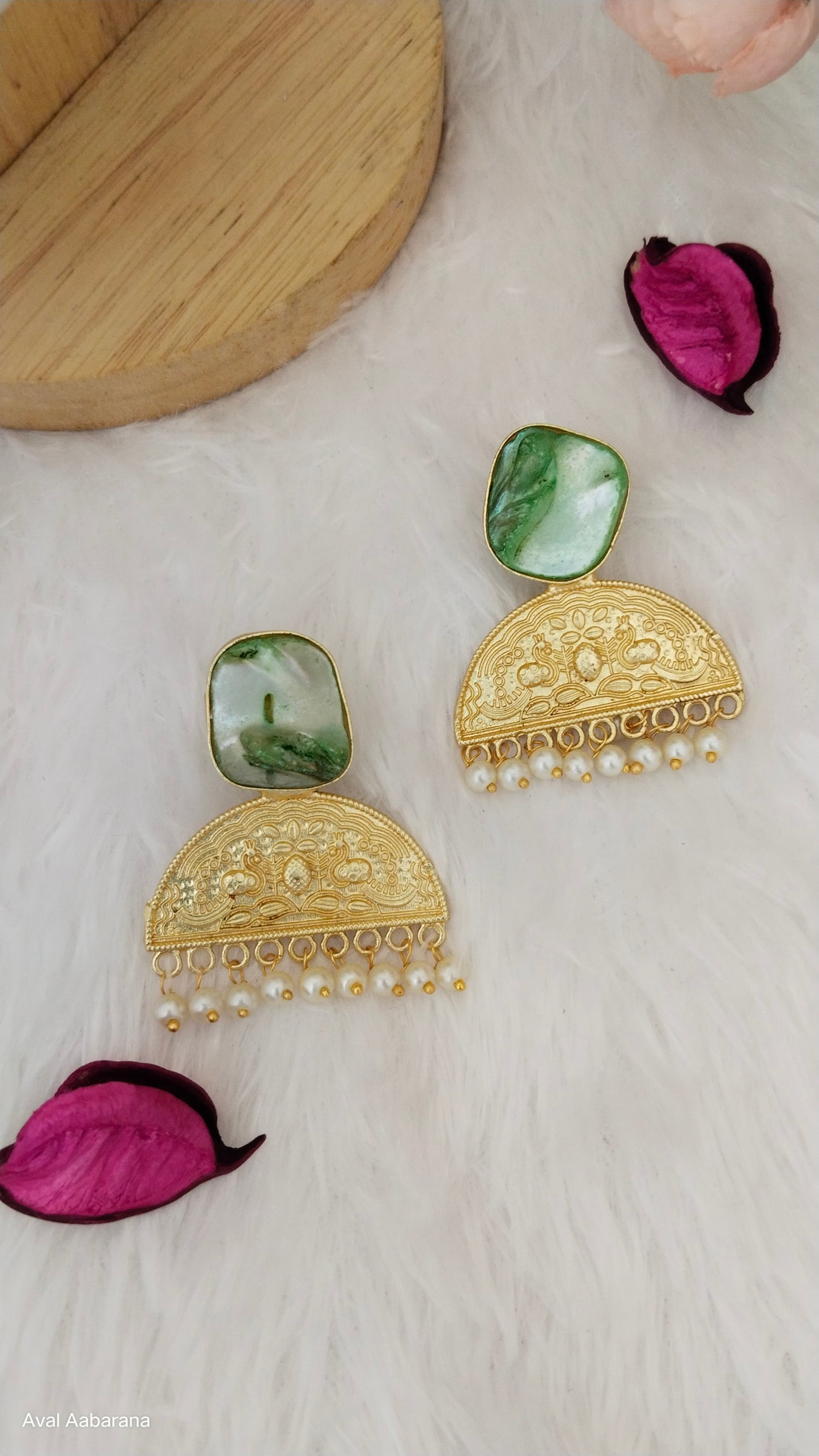 Green mother of pearl earring with pearl adorned,aval aabarana ,best fashion jewellery brand, brass earrings