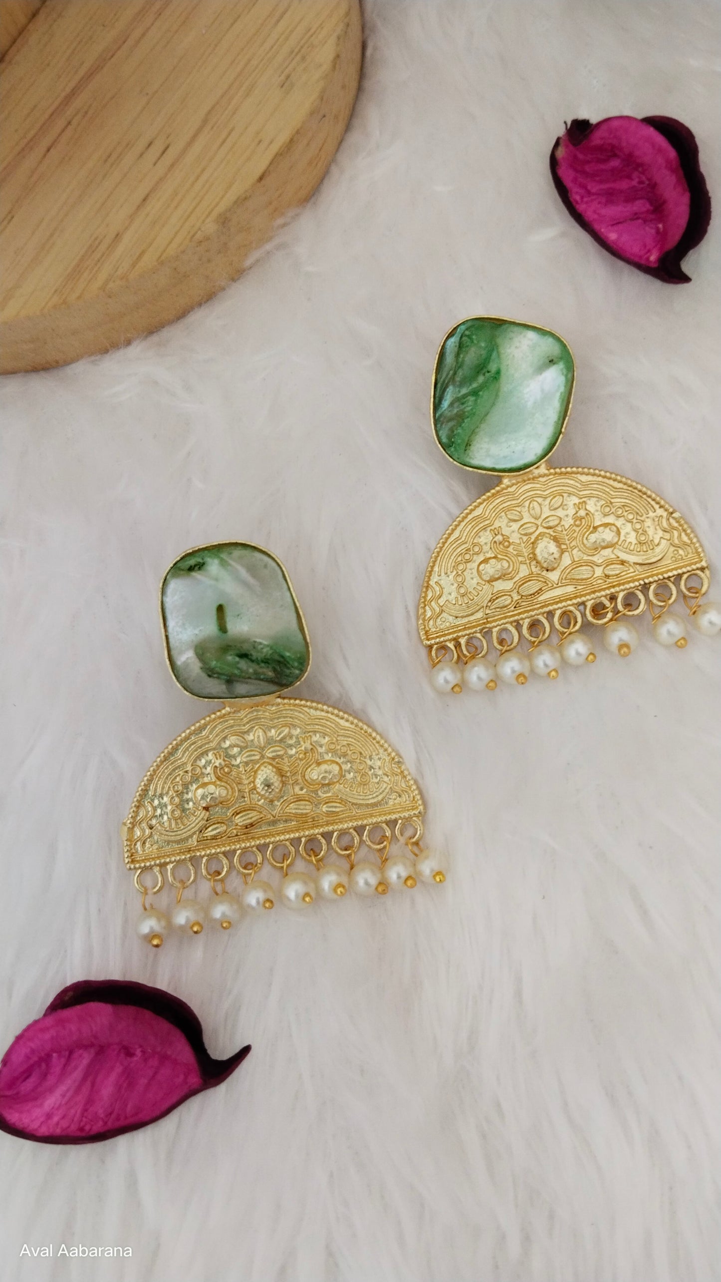 Green & pink  mother of pearl earring with pearl adorned