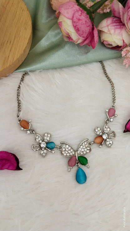 Platinum tone Diamond replica  necklace with multi color stones, aval aabarana ,best fashion jewellery brand
