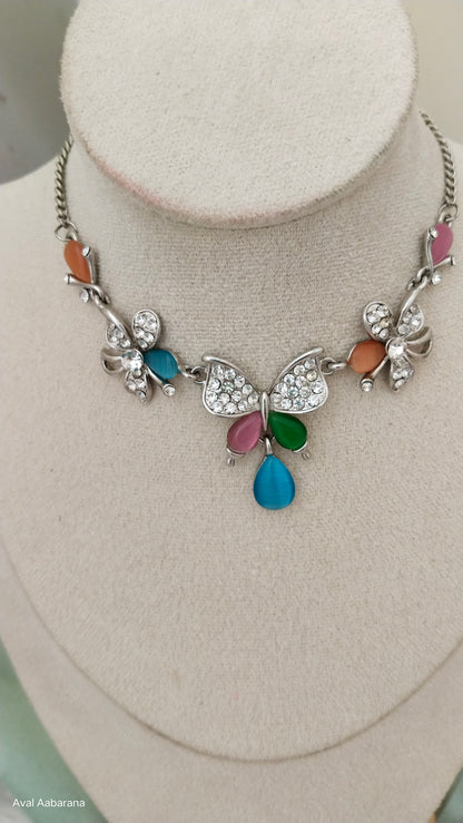 Platinum tone Diamond replica  necklace with multi color stones