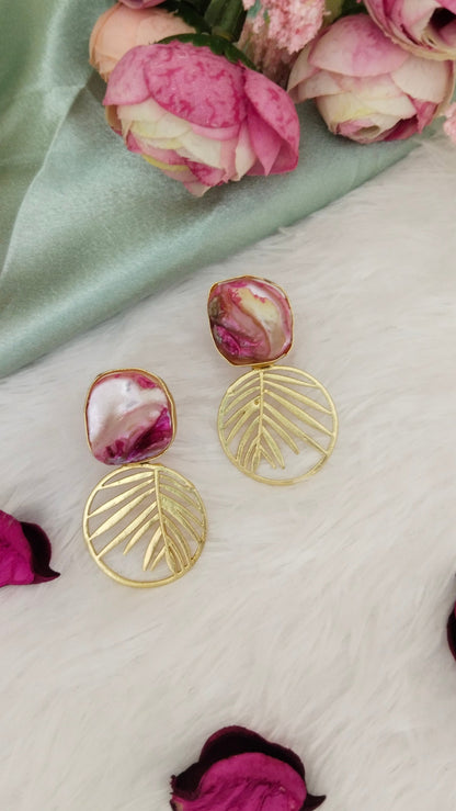 Pink colored mother of pearl  leaf earring, aval aabarana ,best fashion jewellery brand, brass earrings