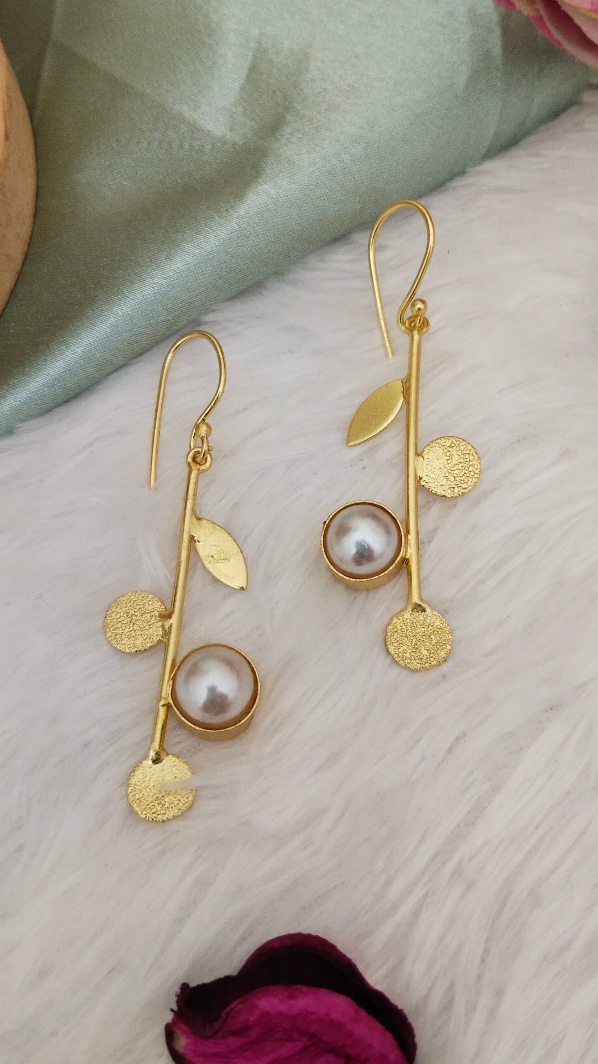 Pearl adorned  Brass leaf earring, aval aabarana ,best fashion jewellery brand, brass earrings, Orange earrings, Necklace, husli, choker
