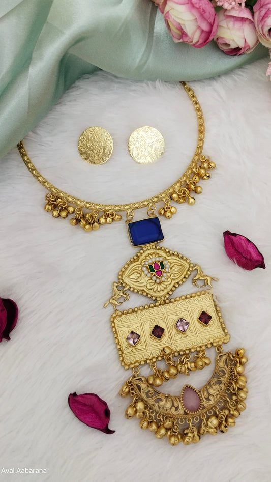 Royal hasli choker with horse design with blue stone,aval aabarana ,best fashion jewellery brand, brass earrings, Orange earrings,
Necklace, husli, choker