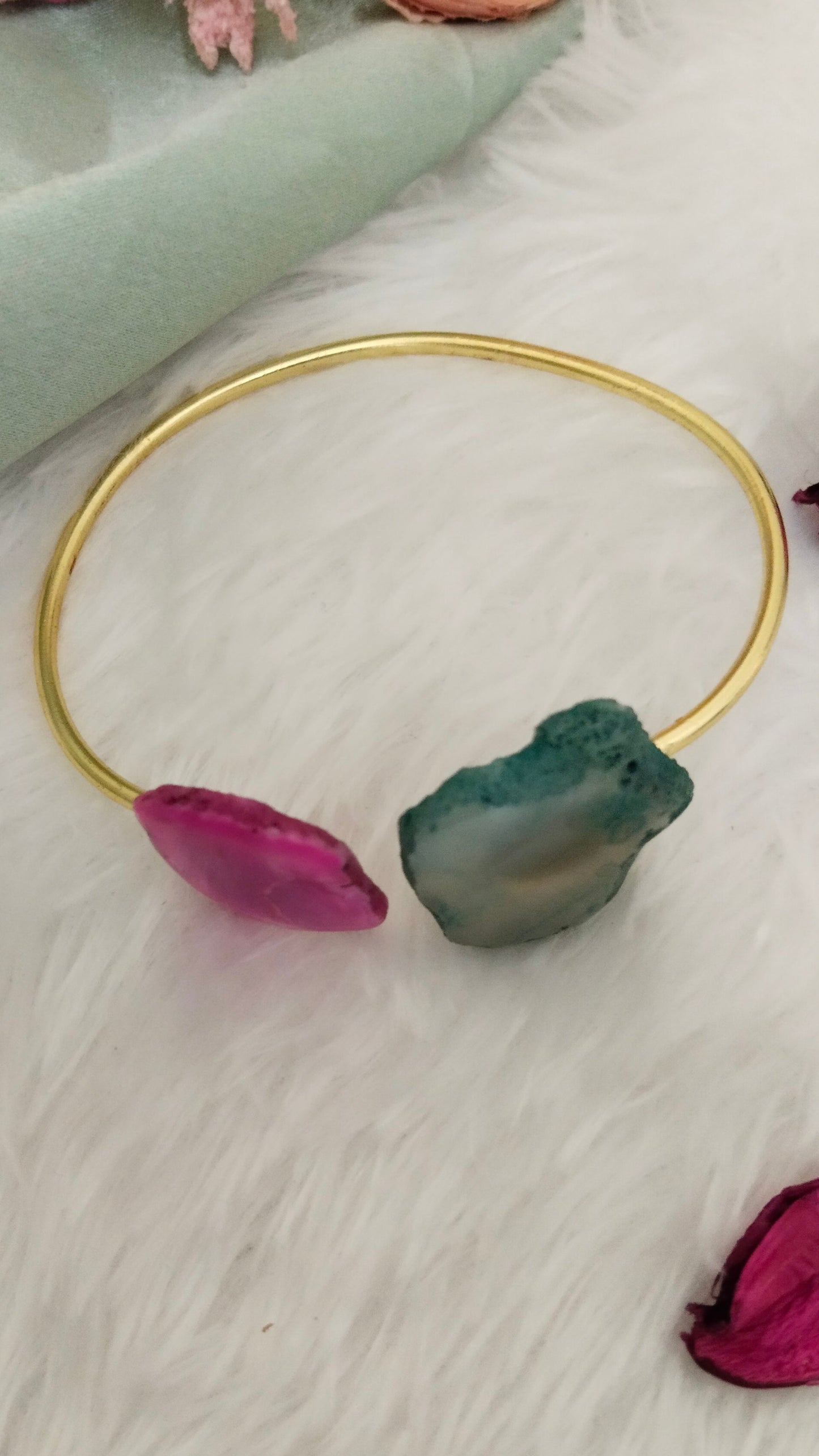 Agate stone pink with turquoise raw shaped Bracelet/ kada