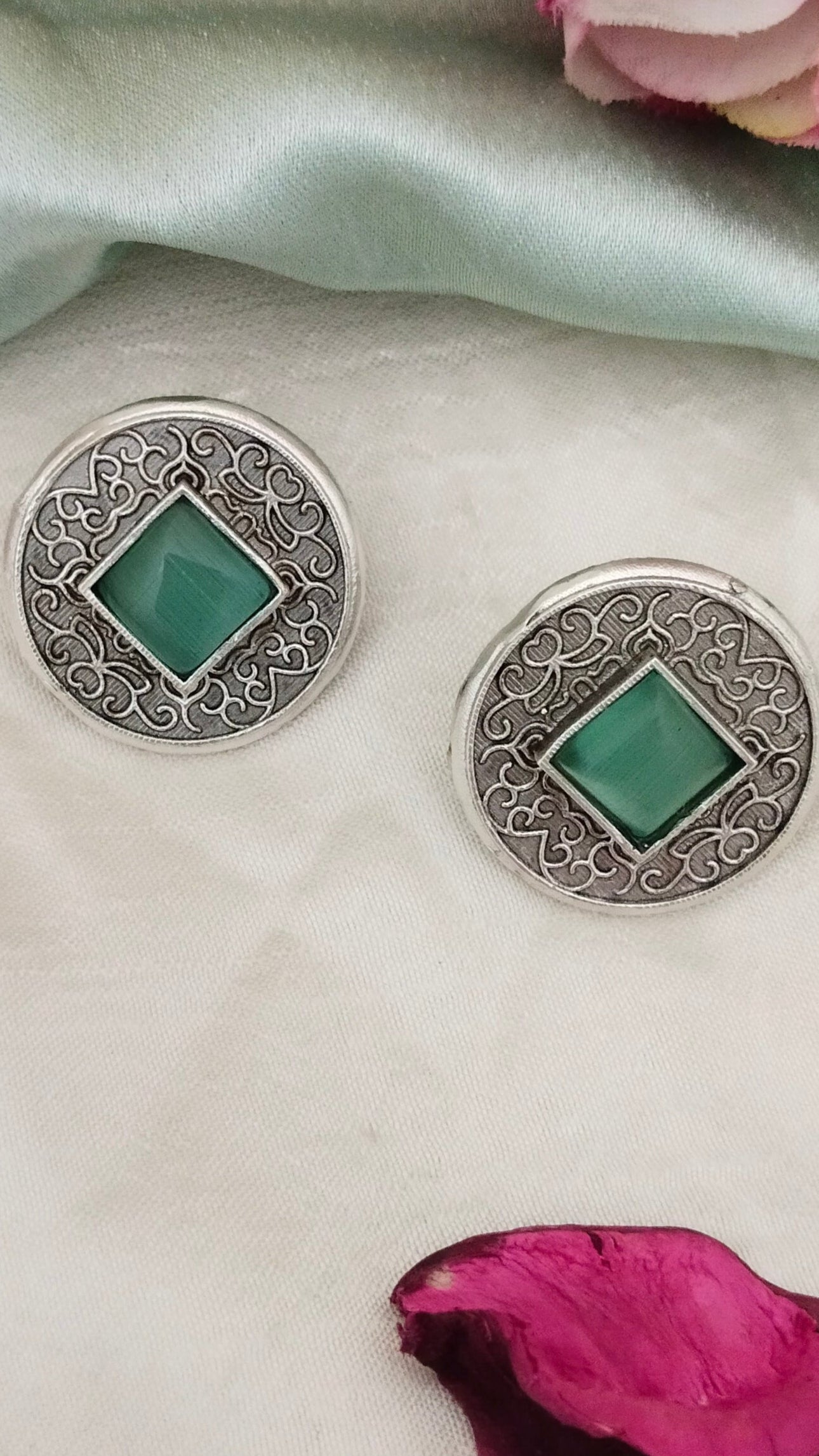 Silver Replica self designed  turquoise, Red  & pink monalisa stone circle earring