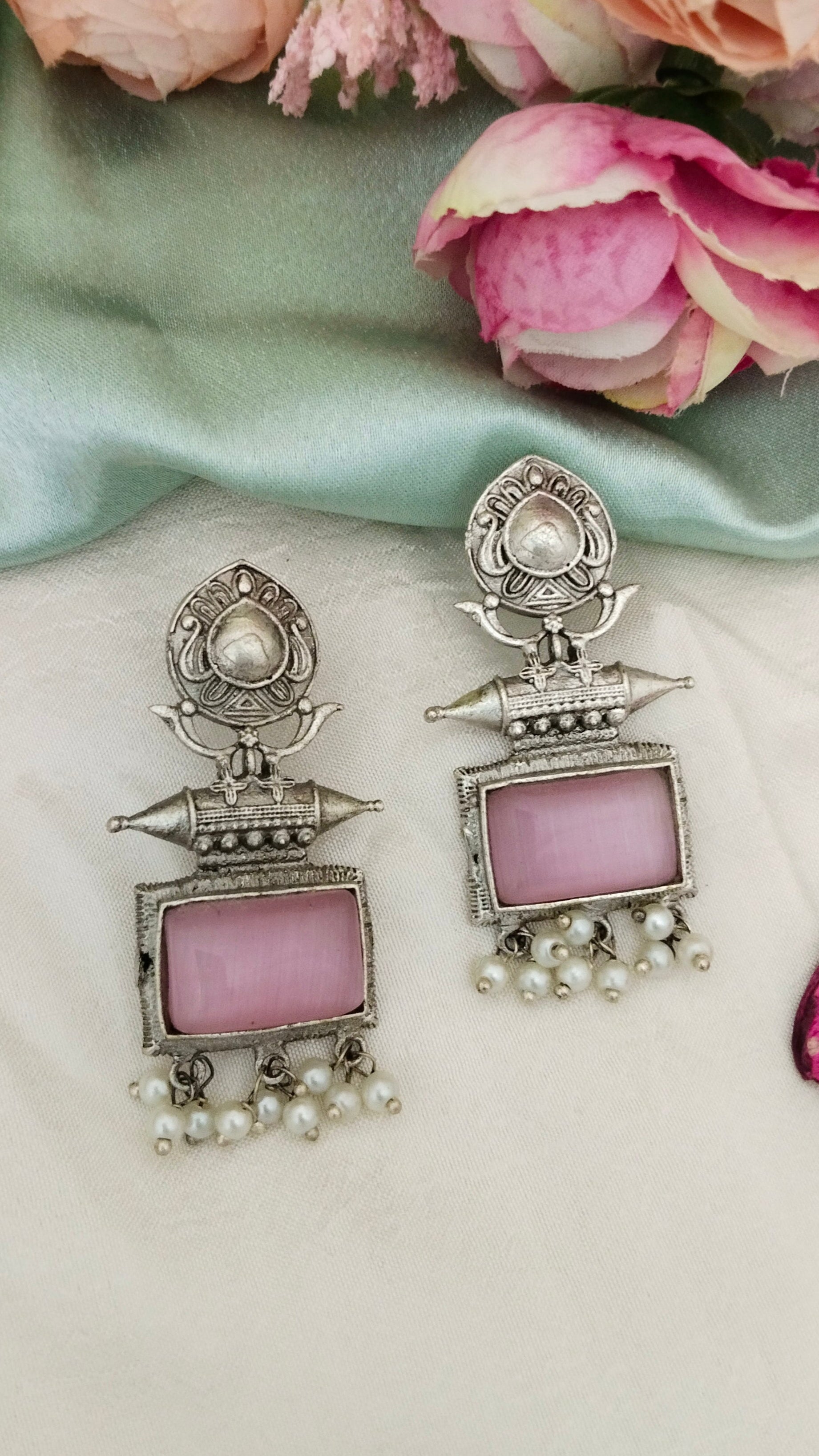 Silver Replica rectangle shaped pink  monalisa stone earring